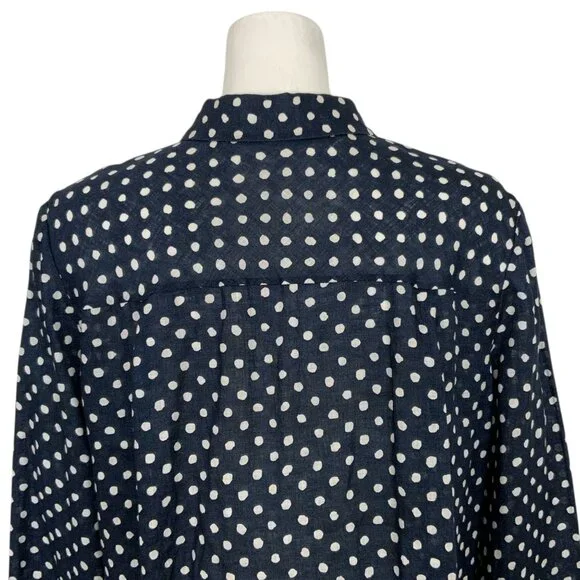 Lafayette 148 Linen Button Front Shirt L Blue Polka Dot - Picture 11 of 16